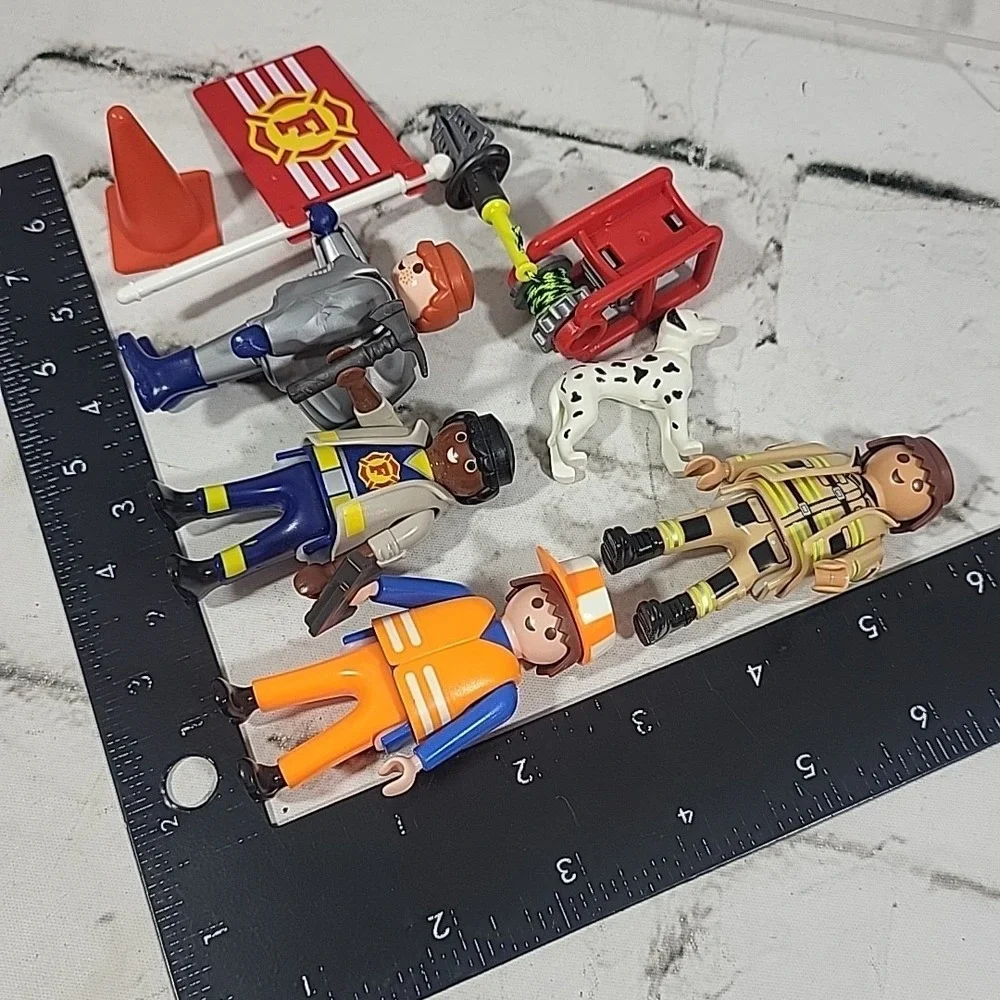 Playmobil People Figures Firefighters Fire Dept Flag Dalmatian Construction Cone